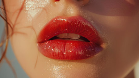 Close-up of beautiful female lips with red lipstick.の素材