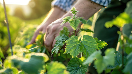 Close-up of senior woman picking fresh nettles in her gardenの素材