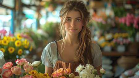 Portrait of beautiful young florist woman in flower shop.の素材