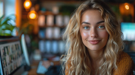 Portrait of beautiful young woman sitting at cafe and looking at cameraの素材