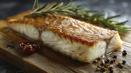Baked fish fillet with onion and rosemary on wooden boardの素材
