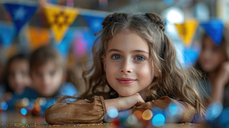 Portrait of a cute little girl with blue eyes at the birthday partyの素材
