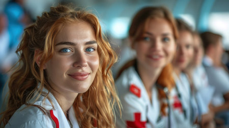 Portrait of smiling nurse with her team in the background at hospitalの素材