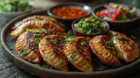 Grilled potatoes with herbs and spicy sauce on wooden plate, closeupの素材