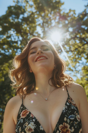 Portrait of a beautiful young woman with curly hair in a summer parkの素材