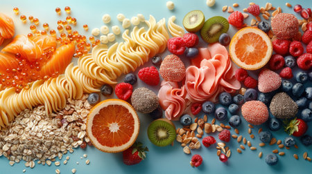 Composition with different types of raw pasta on color background, closeupの素材