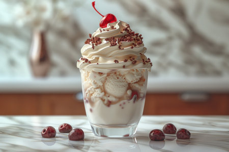 Delicious ice cream with cherry in glass on table, closeupの素材