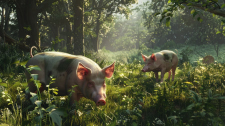 Two pigs in the meadow in the morning sun. The concept of agricultureの素材