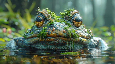 Close-up portrait of a large green frog in the water.の素材