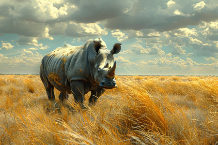 White rhinoceros in the steppe. Beautiful landscape.の素材