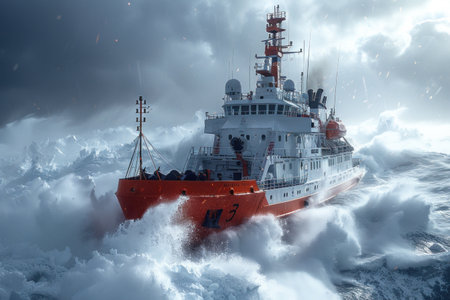 Red tugboat in the stormy sea.の素材