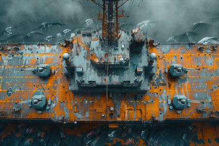 Abandoned military ship in the smoke. Concept of war and war.の素材