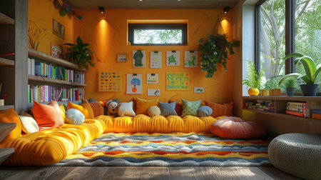 Interior of a Muslim mosque with large windows and colorful carpetsの素材