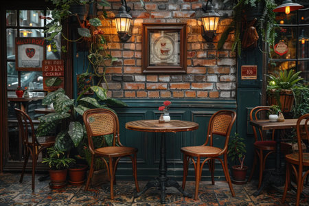 Cafe interior with wooden tables and chairs in front of brick wallの素材