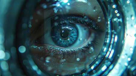 Close up view of beautiful woman's eye with abstract bokehの素材