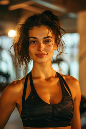 Portrait of a beautiful young woman in sportswear in the gymの素材