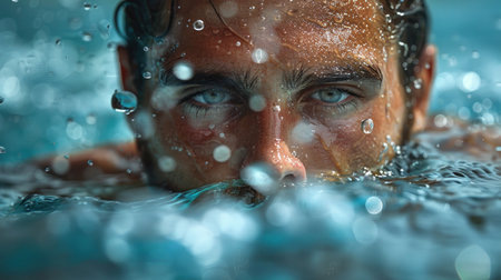Close-up portrait of a man in a swimming pool with water dropsの素材