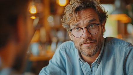 Portrait of handsome mature man in eyeglasses looking at camera while sitting in cafeの素材