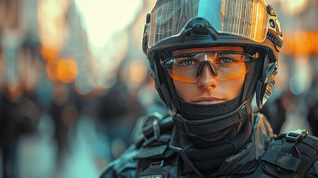 Rear view of man in helmet and glasses on blurred background of city streetの素材