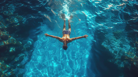 Young woman swimming underwater in a pool on a sunny summer day.の素材