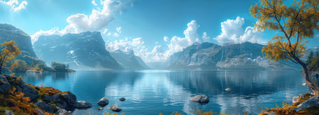 Foggy morning in the village. Autumn landscape with old wooden housesの素材