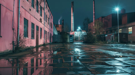 Old factory at night with reflection in puddle, retro tonedの素材