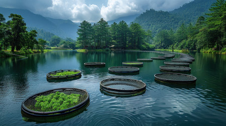 Panoramic view of a river flowing through a field in the countrysideの素材