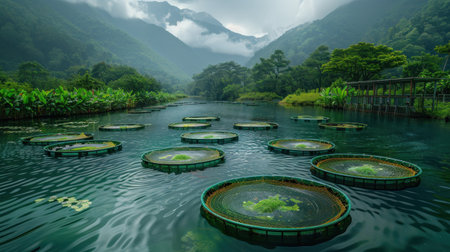 Fishing nets in a lake with green forest and mountains in the backgroundの素材