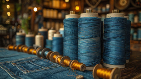 Spools of thread for embroidery on blue jeans background.の素材