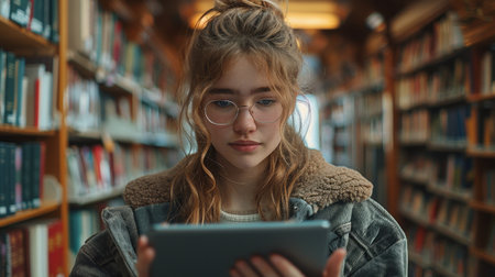 Portrait of a beautiful young girl in glasses using tablet in the libraryの素材