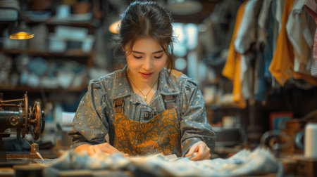 A seamstress carefully inspects the quality of her stitching on a fabric.の素材