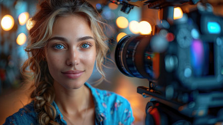 Portrait of a beautiful young woman with professional video camera in a studioの素材