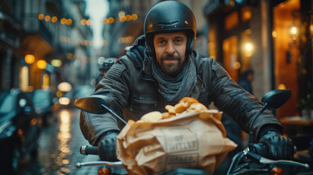 A motorcycle courier navigates a city street, likely delivering food in a paper bag. This image emphasizes speed and efficiency in urban deliveries.の素材