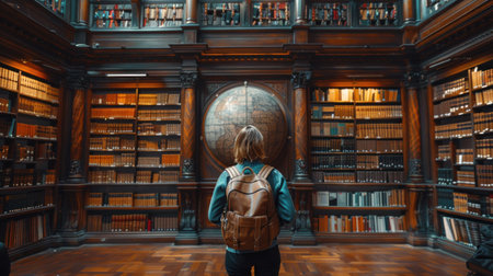 Girl looking at the globe in the library.の素材