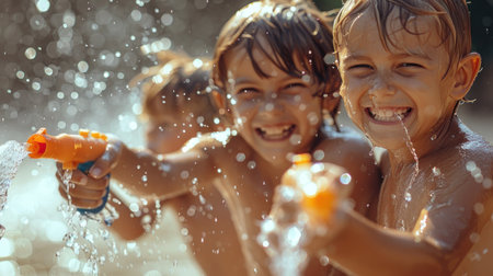 Happy children playing with water gun in the summer on the beach.の素材