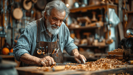 Portrait of an old craftsman working with wood in his workshopの素材