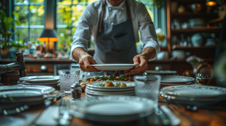 Close-up of a waiter serving a dish in a restaurant.の素材