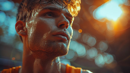Portrait of a handsome young man with a beard and wet hair.の素材