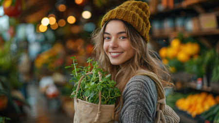 Portrait of smiling young woman holding basket with fresh herbsetの素材