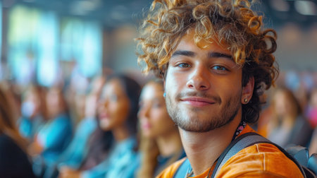 Portrait of a young man with curly hair looking at camera while waiting for the trainの素材