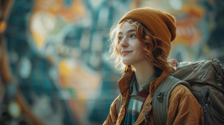 Portrait of a young woman with a backpack in a city.の素材