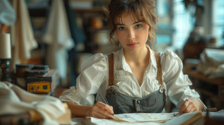 Portrait of a young fashion designer sitting at the table in her studioの素材