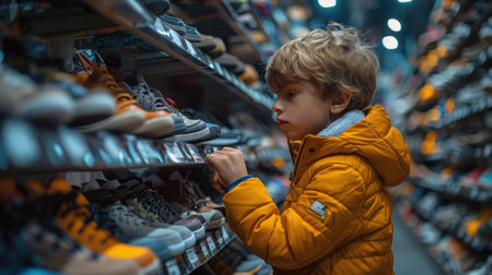 Adorable little boy choosing sports shoes in sports shop. Selective focusの素材