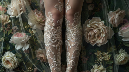 Female legs in white stockings on the background of a wall of flowersの素材