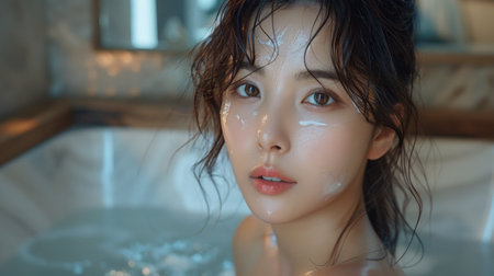 Portrait of beautiful young Asian woman take a bath with foam.の素材