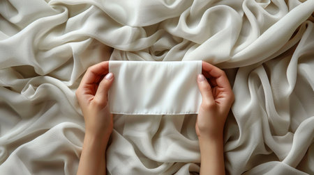 Female hands holding white fabric on bed, top view. Space for textの素材