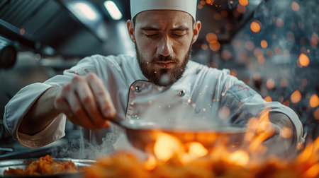 Chef preparing food in the kitchen of a restaurant or hotel.の素材