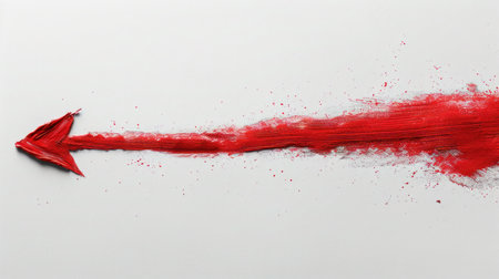 Red arrow painted with oil paint on white paper, isolated on whiteの素材
