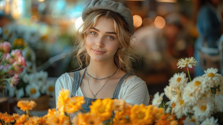 Portrait of a beautiful girl in a hat with a bouquet of flowers.の素材