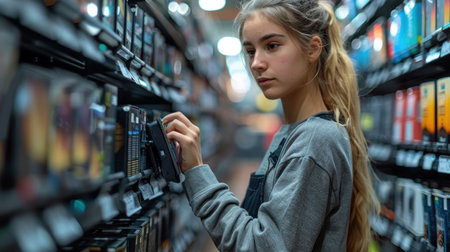 Young woman choosing audio cassettes in a music store. Selective focus.の素材